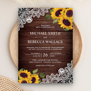 Vintage Rustic Country Wood Lace Sunflower Wedding Invitation