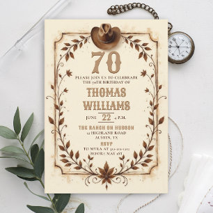 Vintage Rustic Cowboy Western Leaf 70th Birthday  Invitation