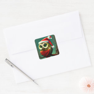 Vintage Rustic Cute Santa Owl Christmas Holiday Square Sticker