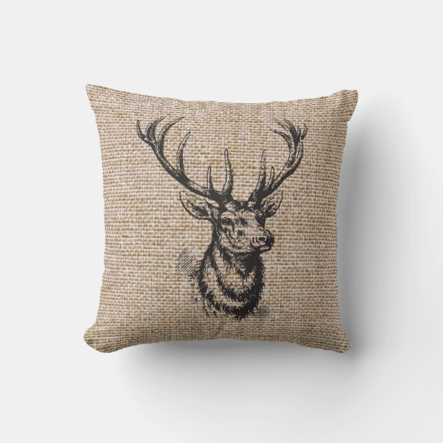 Vintage Rustic Deer Antlers on Faux Burlap Cushion (Front)