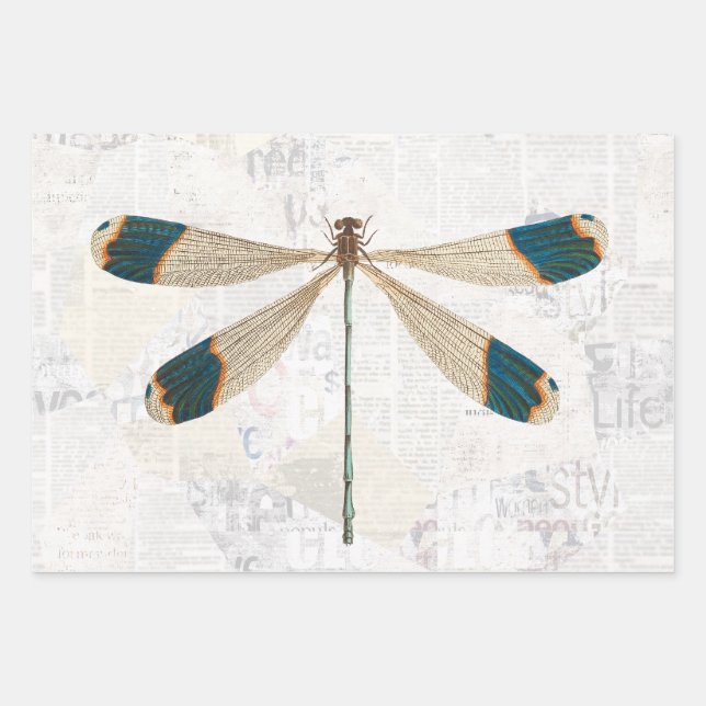 Vintage Rustic Dragonfly Decoupage Decoupaging Wrapping Paper Sheet (Front)