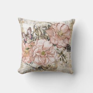 Vintage Rustic Ephemera Pink Floral  Cushion