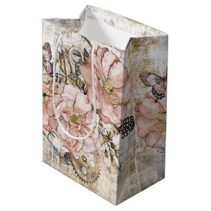 Vintage Rustic Ephemera Pink Floral Gift Bag