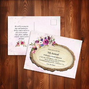 Vintage Rustic Family Reunion Floral Tree Slice Invitation Postcard