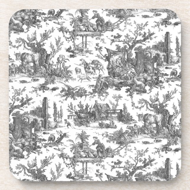 Vintage Rustic Farm French Toile-Black & White Coaster (Front)