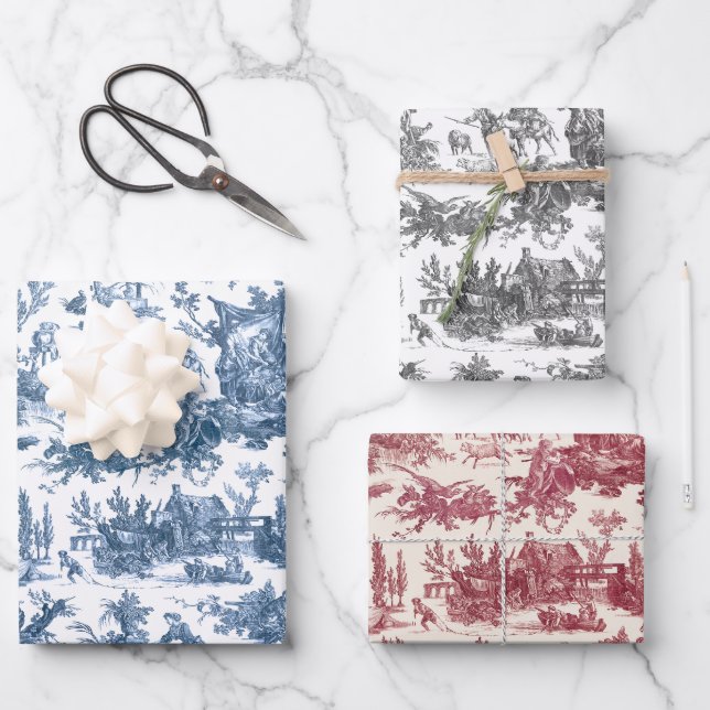Vintage Rustic Farm French Toile-Blue, Red, Black Wrapping Paper Sheet (Front)