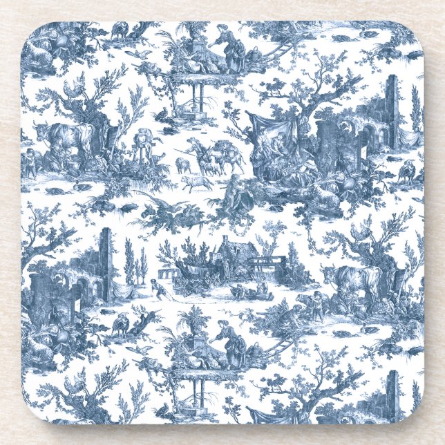 Vintage Rustic Farm French Toile-Blue & White Coaster (Front)