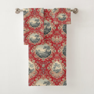 Vintage Rustic Farm French Toile Floral pattern Bath Towel Set