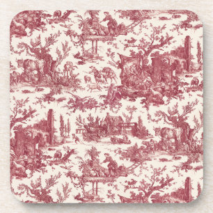 Vintage Rustic Farm French Toile-Red & Tan Coaster