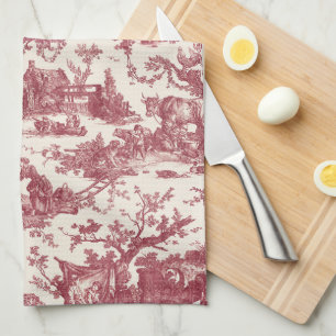 Vintage Rustic Farm French Toile-Red & Tan Tea Towel