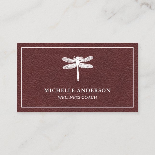 Vintage Rustic Faux Brown Leather Dragonfly Business Card (Front)