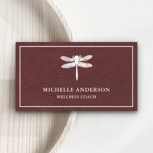 Vintage Rustic Faux Brown Leather Dragonfly Business Card
