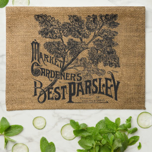 Vintage Rustic Faux Burlap Parsley Herb Sack Tea Towel