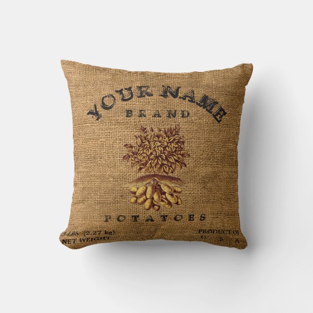 Vintage Rustic Faux Burlap Potato Sack Template Cushion (Front)