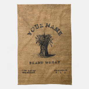 Vintage Rustic Faux Burlap Wheat Sack Template Tea Towel