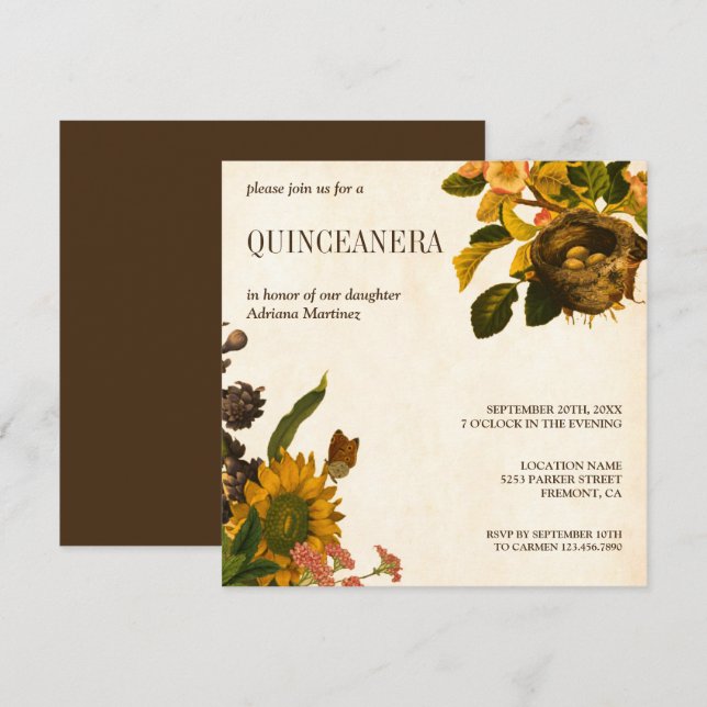 Vintage Rustic Floral Birds Nest Quinceanera Invitation (Front/Back)