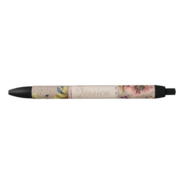 Vintage Rustic Floral Black Ink Pen (Front)