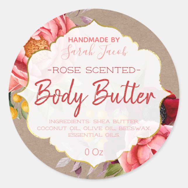 Vintage Rustic Floral Body Butter Kraft Label (Front)