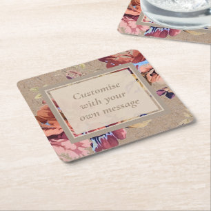 Vintage Rustic Floral Custom Text Square Paper Coaster