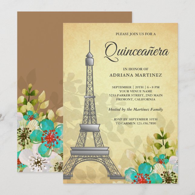 Vintage Rustic Floral Eiffel Tower Quinceanera Invitation (Front/Back)
