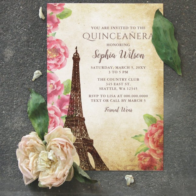 Vintage Rustic Floral Eiffel Tower Quinceañera Invitation (Creator Uploaded)