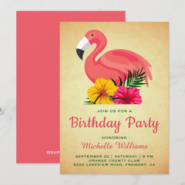 Vintage Rustic Floral Flamingo Birthday Party Invitation (Front/Back)