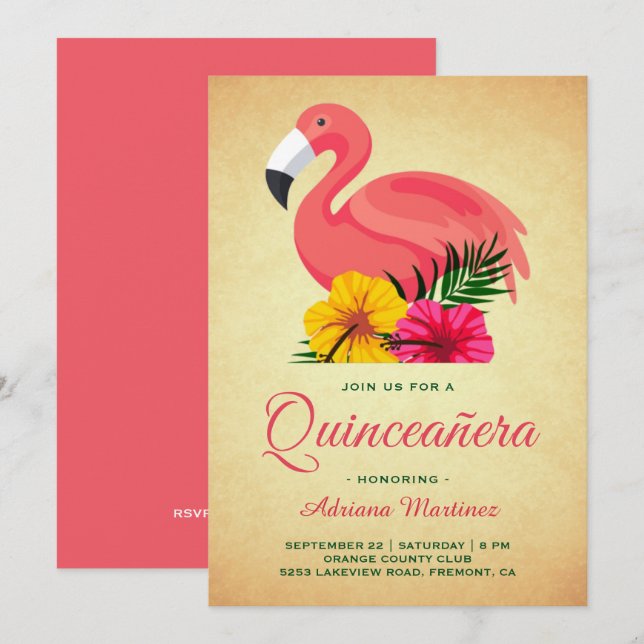 Vintage Rustic Floral Flamingo Quinceanera Invitation (Front/Back)