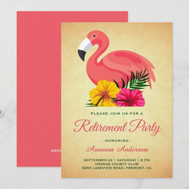 Vintage Rustic Floral Flamingo Retirement Party Invitation (Front/Back)