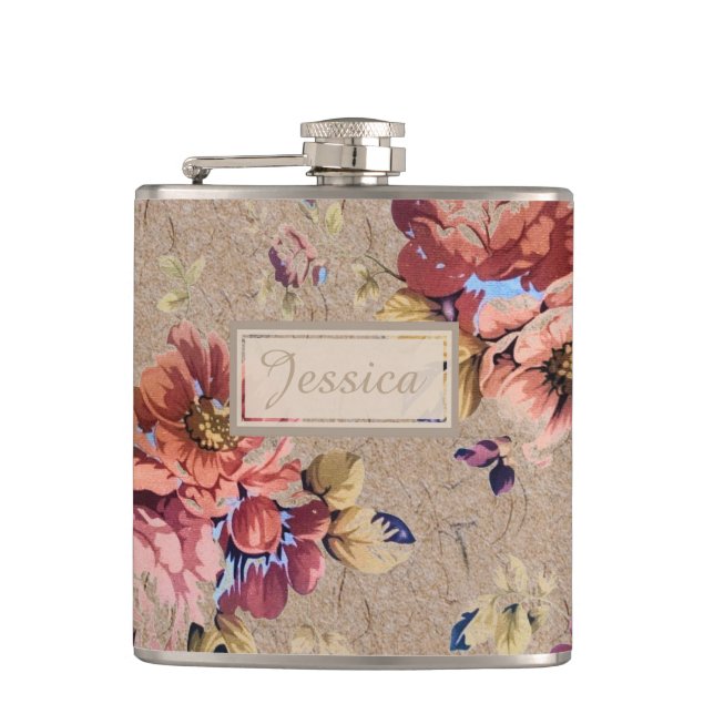 Vintage Rustic Floral Hip Flask (Front)