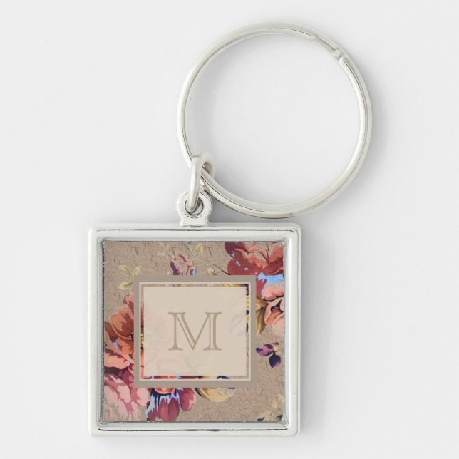 Vintage Rustic Floral Monogram Key Ring (Front)