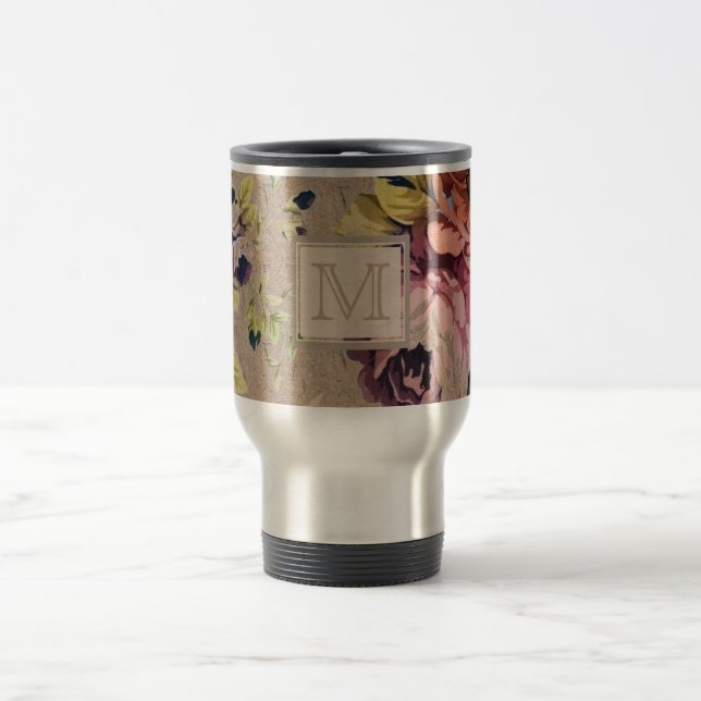 Vintage Rustic Floral Monogram Travel Mug (Center)
