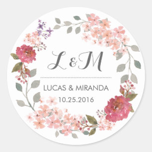 Vintage Rustic Floral Wreath Wedding Favour Sticke Classic Round Sticker