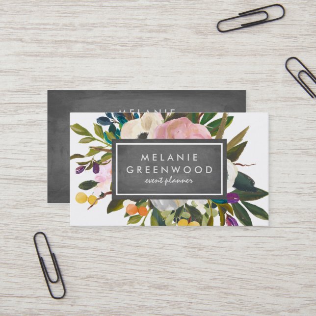 Vintage Rustic Florals Chalkboard Business Card (Front/Back In Situ)