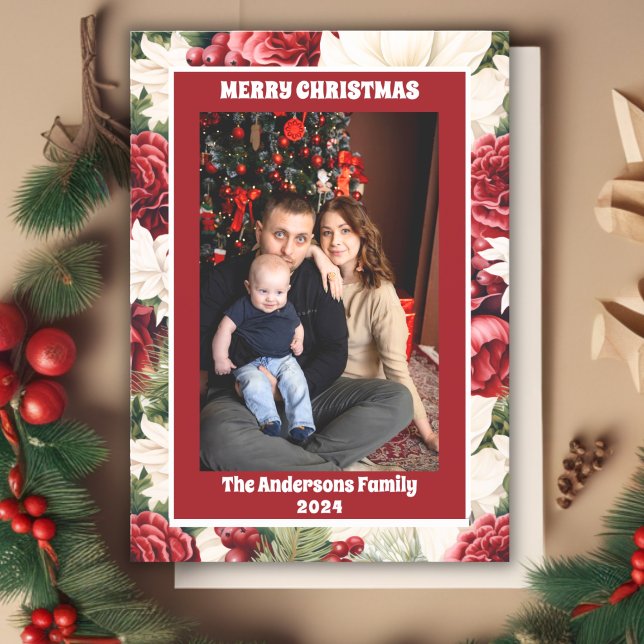Vintage Rustic Flowers Frame Merry Christmas Holiday Card (Creator Uploaded)