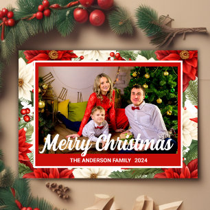 Vintage Rustic Flowers Frame Merry Christmas Photo Holiday Card