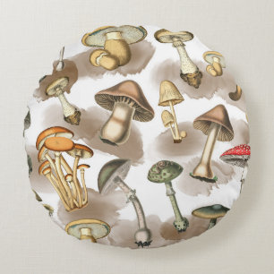 Vintage Rustic Forest Mushrooms Round Cushion