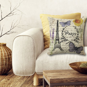 vintage rustic french butterfly paris eiffel tower cushion
