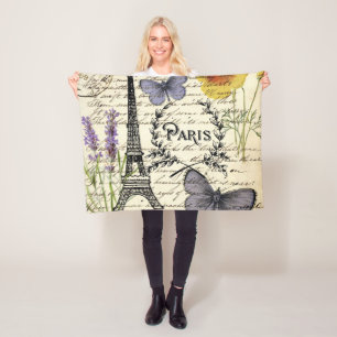 vintage rustic french butterfly paris eiffel tower fleece blanket