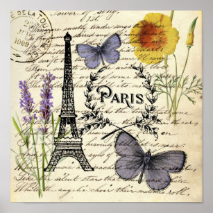 vintage rustic french butterfly paris eiffel tower poster
