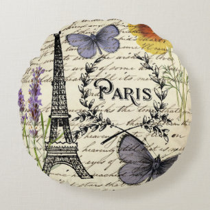 vintage rustic french butterfly paris eiffel tower round cushion