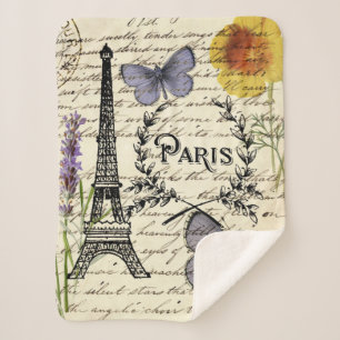 vintage rustic french butterfly paris eiffel tower sherpa blanket