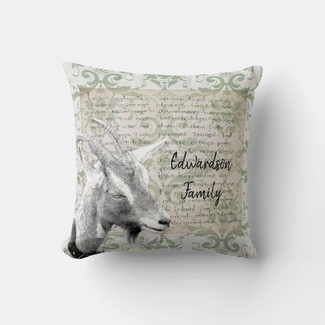 Vintage Rustic goat family monogram name Cushion (Front)