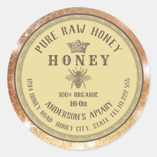Vintage rustic gold bee crown honey comb honey jar classic round sticker