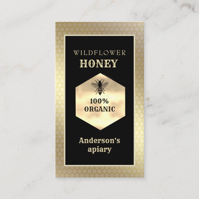Vintage rustic gold bee logo business card (Front)