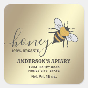 Vintage rustic gold bee logo script honey jar square sticker