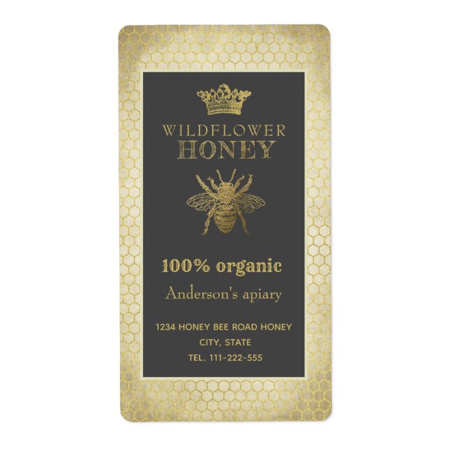 Vintage rustic gold crown queen bee honey jar (Front)