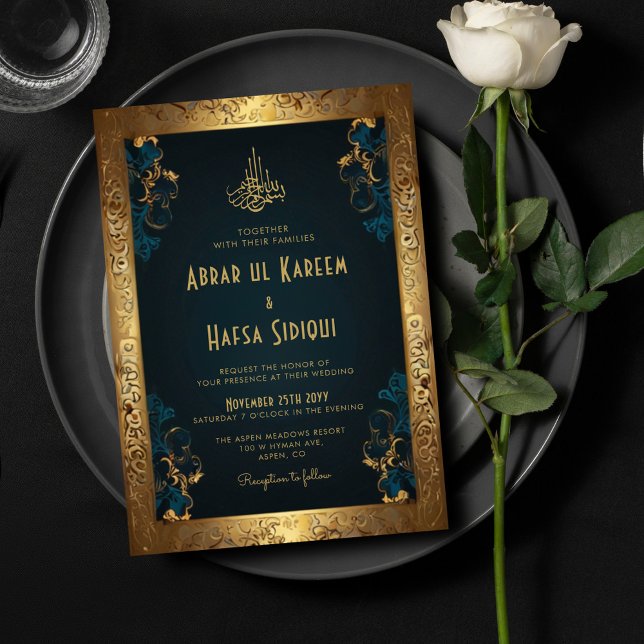 Vintage Rustic Gold Frame Islamic Wedding Monogram Invitation (Creator Uploaded)
