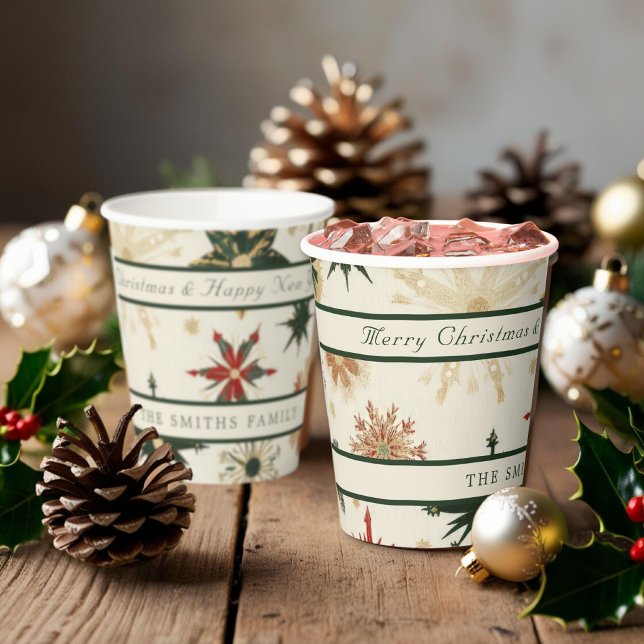Vintage Rustic Gold & Green Snowflakes pattern  Paper Cups (Vintage Rustic Gold & Green Snowflakes pattern Paper Cups)
