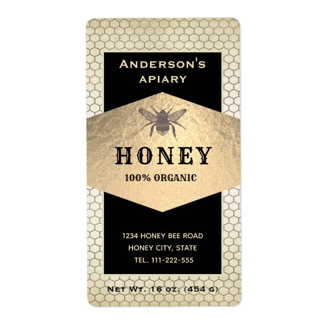 Vintage rustic gold honey bee honey jar label (Front)