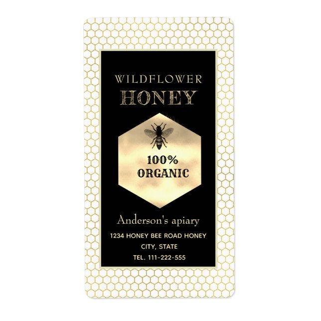 Vintage rustic gold logo queen bee honey jar (Front)